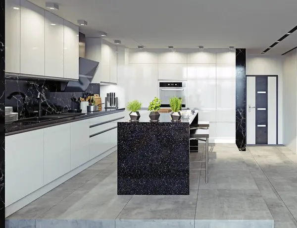 Moderne Kücheneinrichtung Rendering Konzept Stockbild