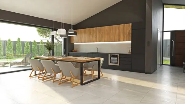 美しいデザインの家の中でモダンなキッチンの3Dイラスト ロイヤリティフリーのストック画像