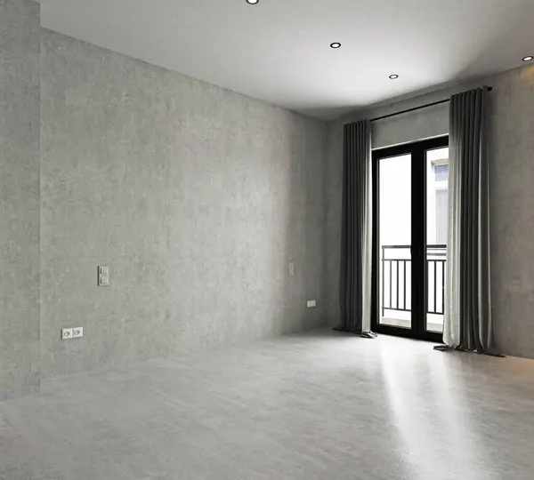 白い壁 コンクリートの床および黒いドアが付いている空の部屋の内部 3Dレンダリング ロイヤリティフリーのストック写真