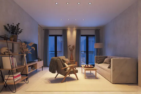 现代客厅室内设计 3D渲染模拟说明 免版税图库照片
