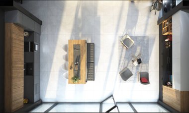 Çatı katı tarzında modern bir oturma odasının 3 boyutlu üst görünümü