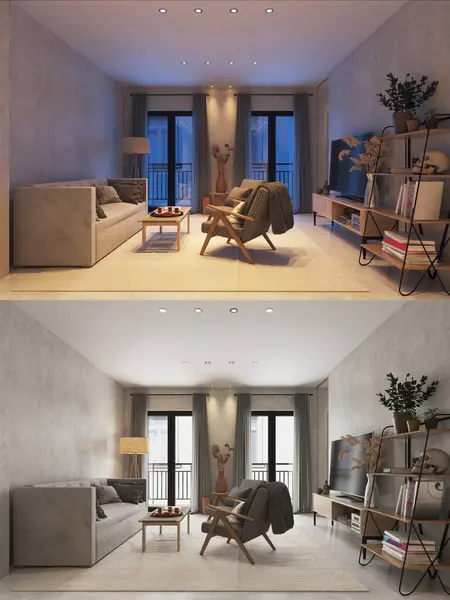 阁楼式的现代客厅的内部 日日夜夜3D渲染 免版税图库图片