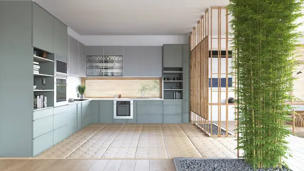 具有漂亮设计的房子中绿色现代厨房的图例 免版税图库图片