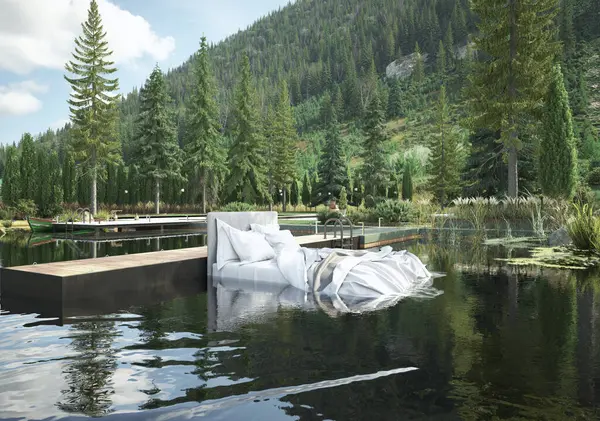 山上湖上的白床 3D渲染 图库照片