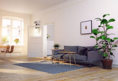 modern İskandinav oturma odası tasarımı. 3D konsept illüstrasyon