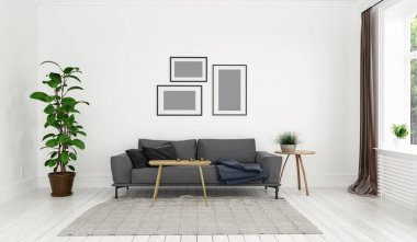 Modern oturma odası. İskandinav iç tasarım. 3D render kavramı