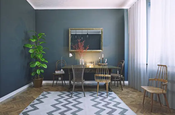 Modern Dark Style Dining Room Interior Design Rendering Room Concept — Stock Photo, Image