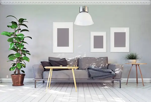 Moderne Stue Skandinavisk Interiør Rengjøringskonsept stockbilde
