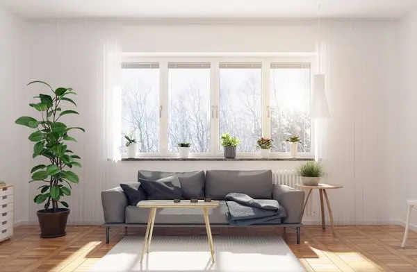 现代化的客厅 斯堪的纳维亚室内设计 渲染概念 图库照片