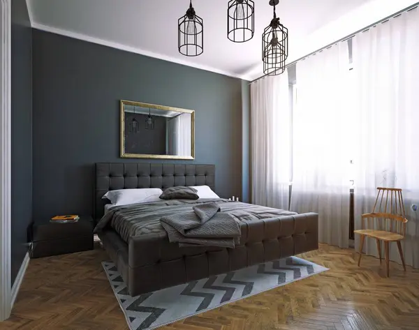 モダンなダーク スタイルのベッドルームのインテリア デザイン レンダリング ルームのコンセプト ロイヤリティフリーのストック写真