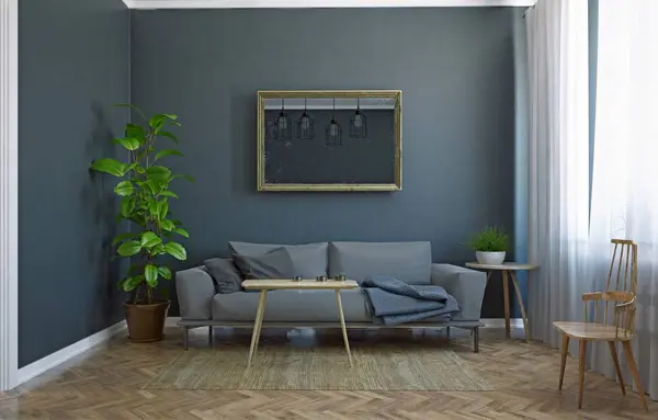 现代化的客厅 斯堪的纳维亚室内设计 渲染概念 图库图片
