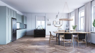 Modern mutfak iç tasarımı ve yemek masası. 3d oluşturma