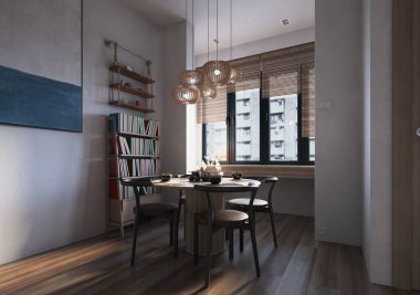 Modern ev dekorunda tasarım sanatı, ahşap masa, sandalyeler ve zarif aksesuarları olan şık bir yemek odası. 3d hazırlayıcı