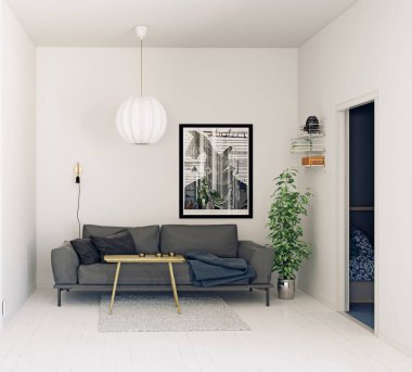 modern İskandinav tarzı oturma odası iç tasarım. 3D illüstrasyon kavramı