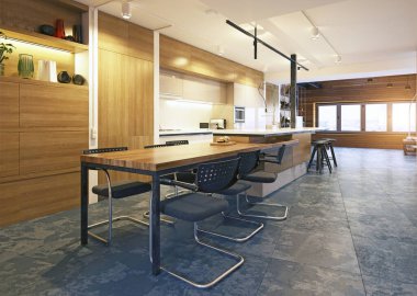 modern çatı katı mutfak iç, 3d render tasarım