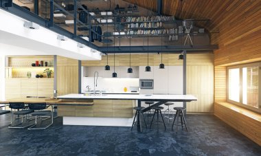 modern çatı katı mutfak iç, 3d render tasarım