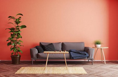 modern oturma odası iç tasarım. 3d render mercan kavramı yaşayan