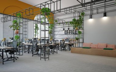 Sarı duvarlı, fayanslı, sıralı bilgisayar masalı, sarı ve gri sandalyeli modern ofisin içi. 3d oluşturma