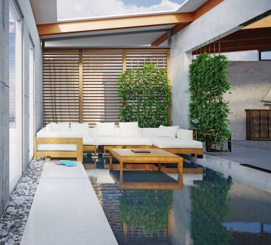 Yüzme havuzu olan modern bir oturma odası. 3d oluşturma