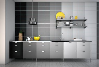 Siyah beyaz dolaplı bir mutfak, 3 boyutlu.