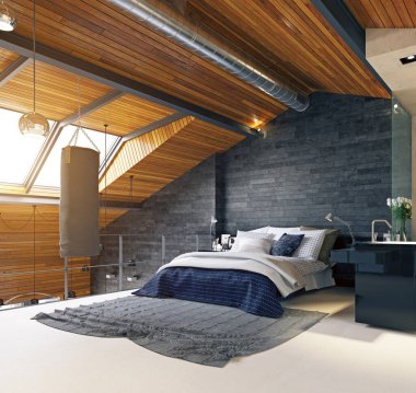 modern çatı katı yatak odası iç. 3D render tasarım