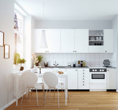 Modern rahat mutfak iç. 3D render tasarım konsepti