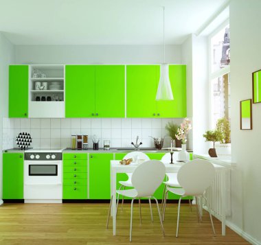 Modern rahat mutfak iç. 3D render tasarım konsepti