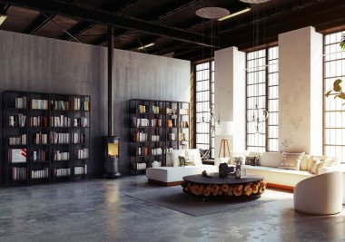 modern çatı katında salon iç. 3D render tasarım konsepti