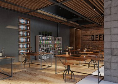 Ahşap zeminli, tuğla duvarlı, 3D işlemeli geniş bir ofis.