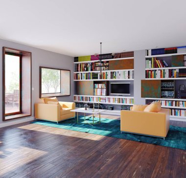 pencerede masa ile modern ev. 3D render tasarım kavramı