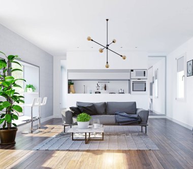 pencerede masa ile modern ev iç. 3D render tasarım kavramı