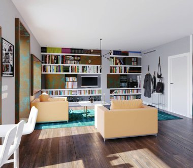 pencerede masa ile modern ev. 3D render tasarım kavramı