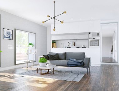 pencerede masa ile modern ev iç. 3D render tasarım kavramı