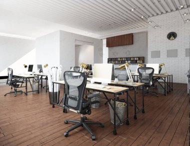 Endüstriyel tasarımla birlikte açık, işbirlikçi ofis alanı. 3d hazırlayıcı