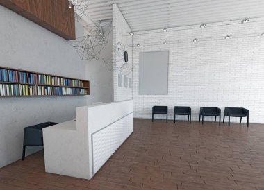 Minimalist tasarımı ve kitaplığı olan modern kabul alanı. 3d hazırlayıcı