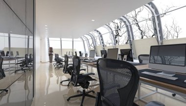 Parlak tasarımı ve teknolojisi olan modern ofis alanı. 3d hazırlayıcı