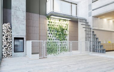 Endüstriyel tasarımı ve açık alanı olan minimalist bir mutfak. 3d hazırlayıcı