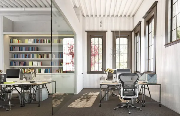 stock image Open, collaborative office space with industrial design. 3d render