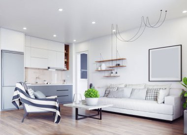 modern oturma iç tasarım. 3B oluşturma kavramı