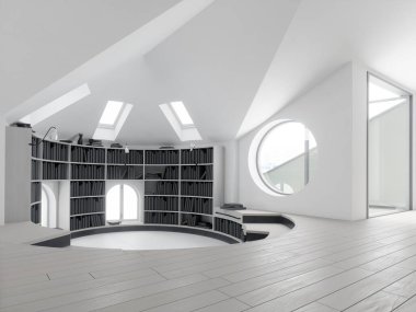 Beyaz duvarları, beton zemini ve kitaplıkları olan modern bir kütüphane. 3d oluşturma