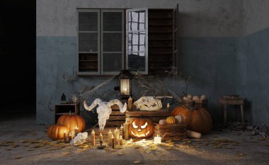 Kafatasları, balkabakları ve mumları olan ürkütücü Cadılar Bayramı sahnesi. Üç Boyut