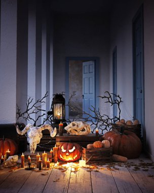 Kafatasları, balkabakları ve mumları olan ürkütücü Cadılar Bayramı sahnesi. 3 Boyutlu Hazırlama