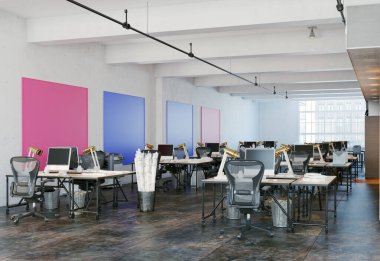 Modern mobilyaları ve ışıklandırması olan endüstriyel ofis alanı aç. 3d oluşturma