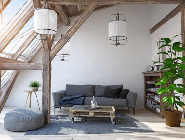 modern tavan oturma odası iç tasarım. 3D illüstrasyon kavramı