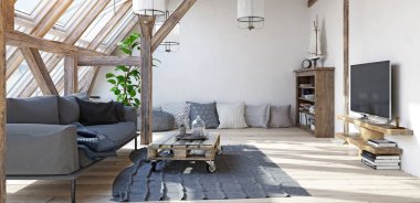 modern tavan oturma odası iç tasarım. 3D illüstrasyon kavramı