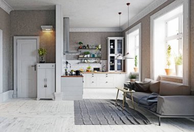 Modern Daire iç. Kanepe ve mutfak bölge. 3D render kavramı