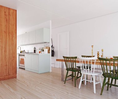 Modern İskandinav tarzı iç mekan. 3d hazırlama tasarımı