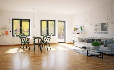 Modern iç İskandinav tarzı oturma odası tasarımı. 3d render konsepti