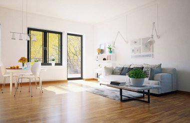 İskandinav tarzı oturma odası tasarımı. 3d render konsepti