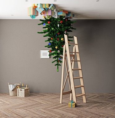 Tepetaklak bir Noel ağacı tavanında hediyeler, odada bir merdiven, eşsiz ve yaratıcı bir tatil dekorasyonu fikrini temsil ediyor. 3d hazırlayıcı